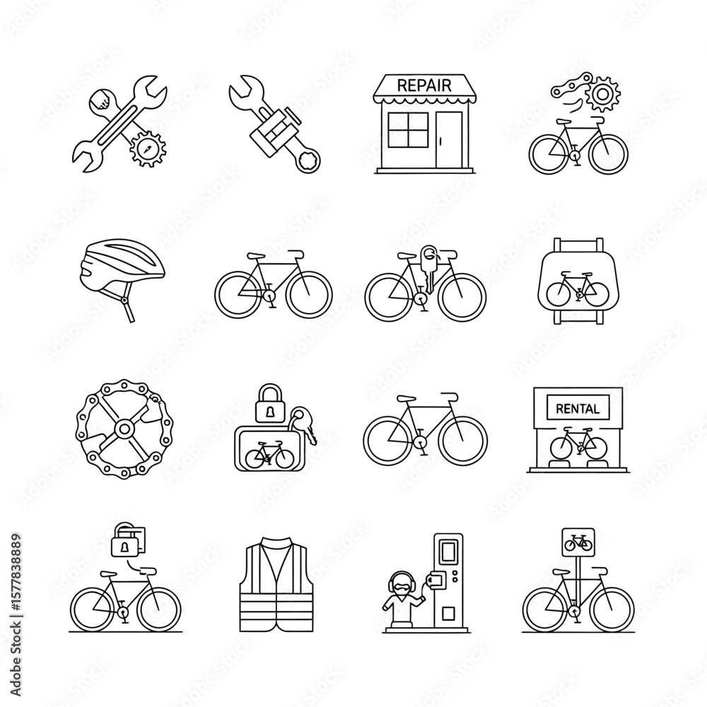 Naklejka premium Line art icons depicting bicycles and related equipment and services
