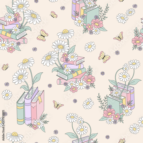 Whimsical Bookish Spring Vector Seamless Pattern with Stacks of Books, Flowers Growing on Them, and Butterflies in Vintage Hand Drawn Botanical Style. Perfect for book covers, fabric, stationery