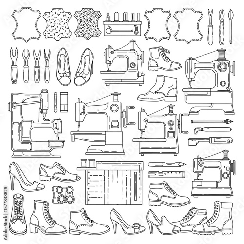 Line art illustration of shoemaking tools and footwear designs