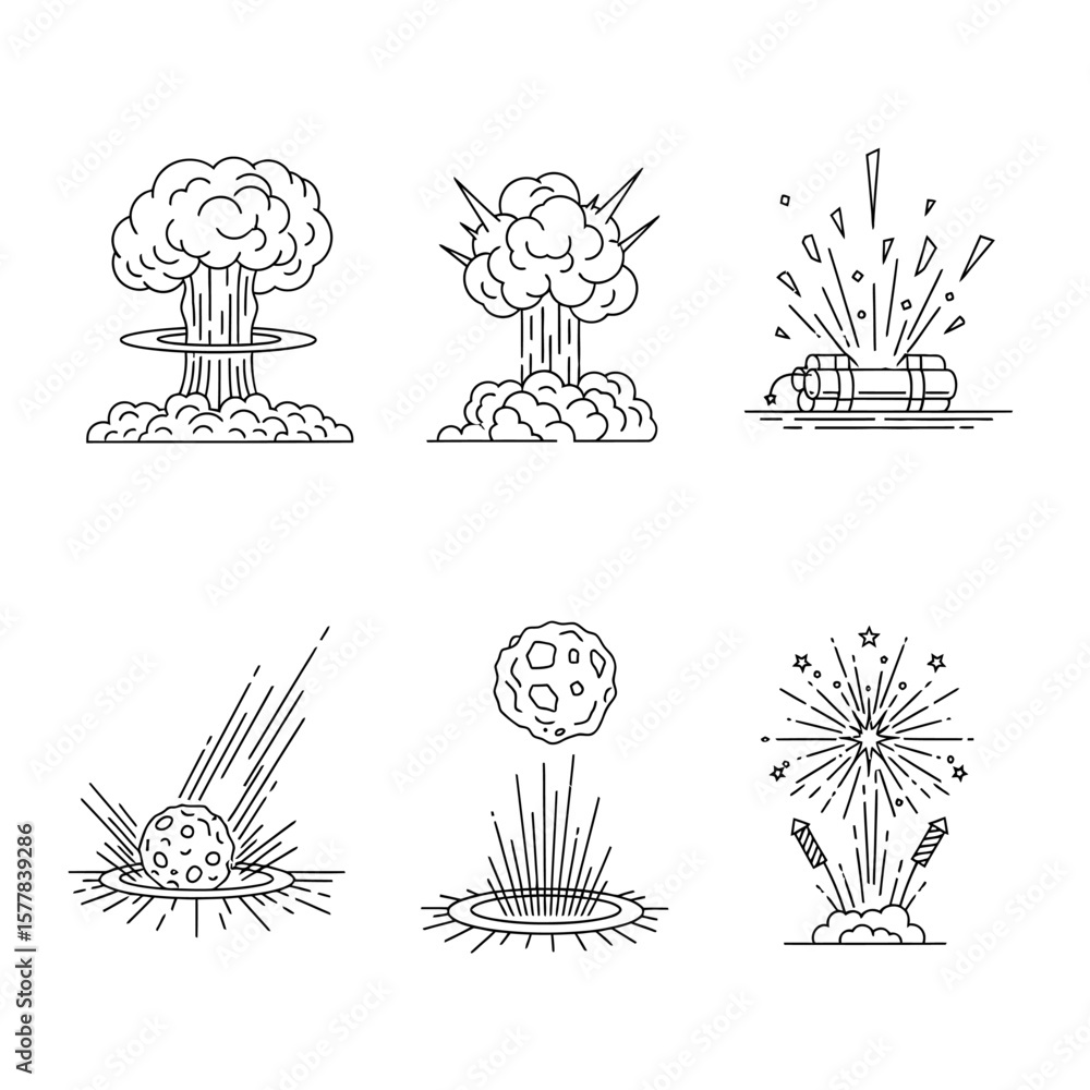 Naklejka premium Six line art illustrations depicting explosions and impact events