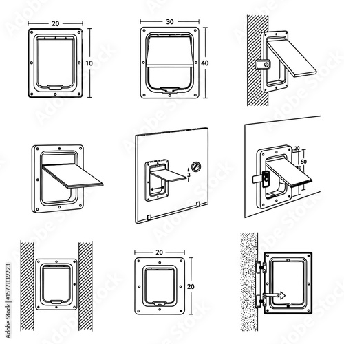 Diagram showing various cat flap designs and installation methods