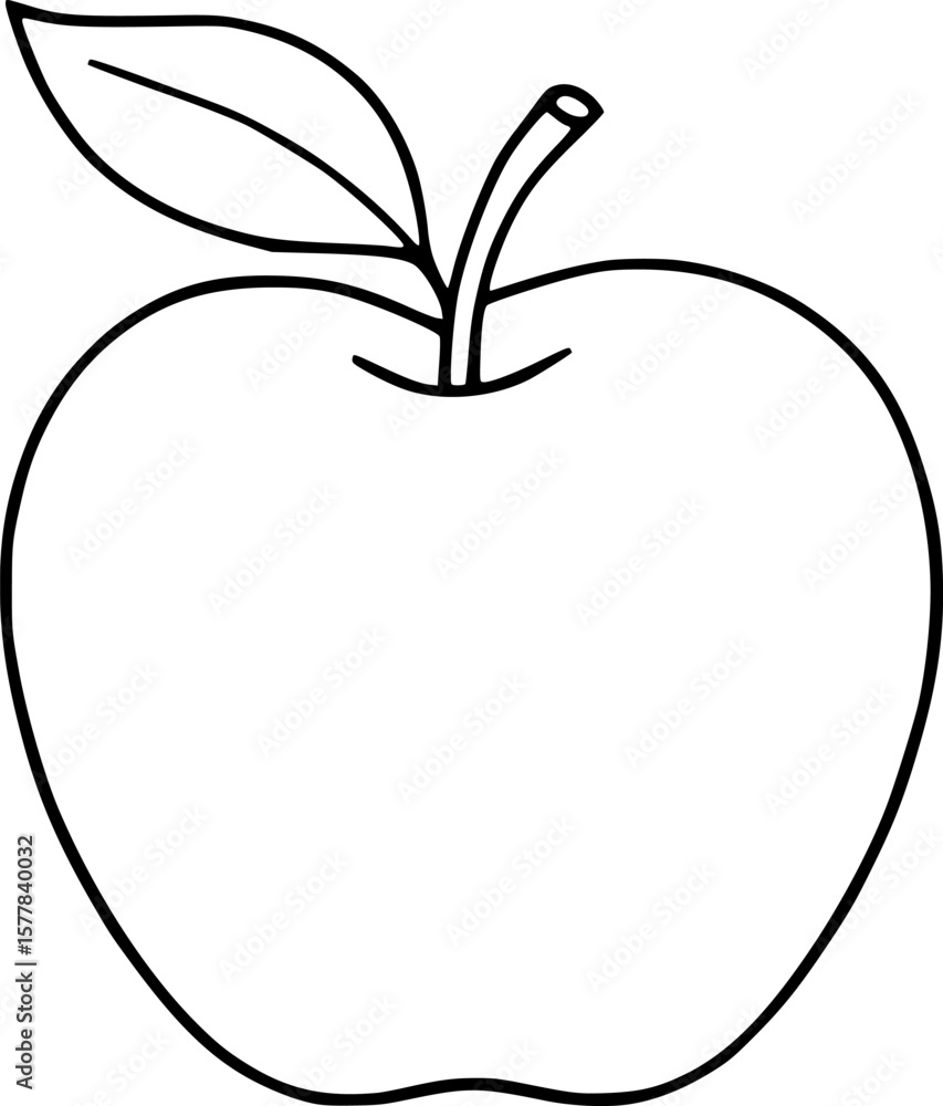 Single Apple Illustration. Black Line Art Fruit with Stem. Fresh Food Design.