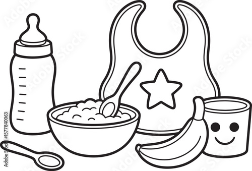 Black and white baby food and feeding essentials vector illustration