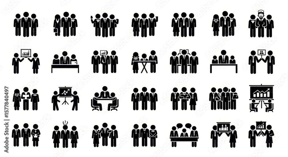 Obraz premium Business Conference Icons: Teamwork and Collaboration - Illustrates team meetings, presentations, brainstorming, partnerships, and networking at a business conference.
