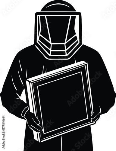 Person in hazmat suit holding a square frame, isolated on white background