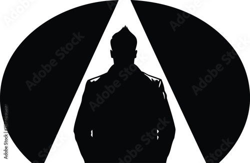 Silhouette of a mans head and shoulders within a geometric arch