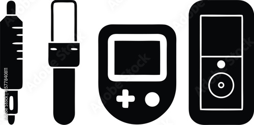 A group of black icons representing electronic devices, including a pen, a game controller, and an mp3 player