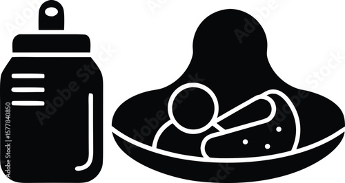 Iconic representation of a baby bottle and a pacifier on a white background