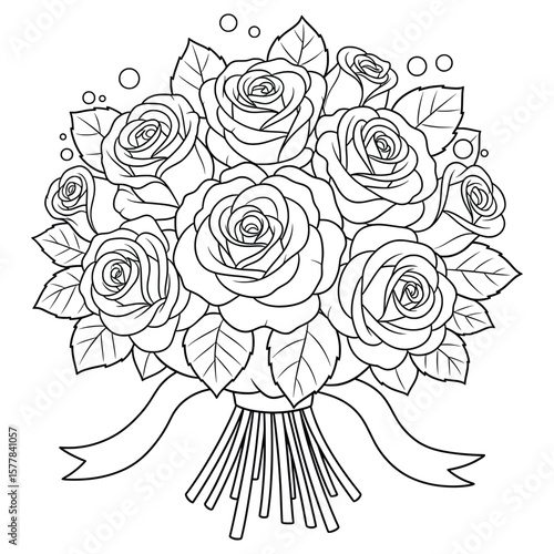 Elegant line art bouquet of blooming roses tied with ribbon – black and white floral illustration for coloring pages and decorative use
