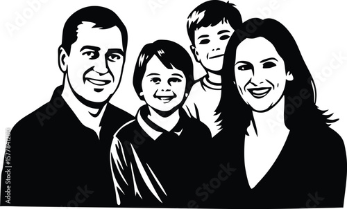 Happy family portrait featuring parents and two children smiling together, representing unity and joy
