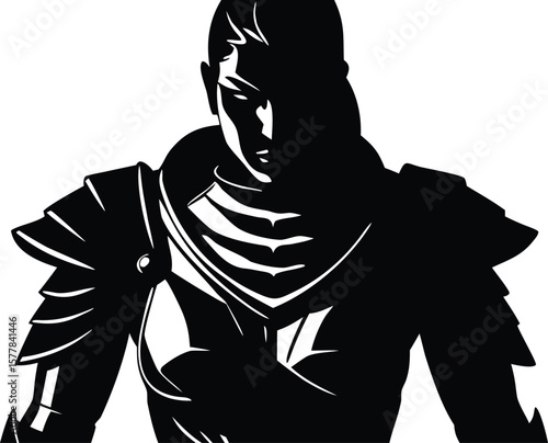 Silhouette of a powerful female warrior in detailed armor, looking determined on white background