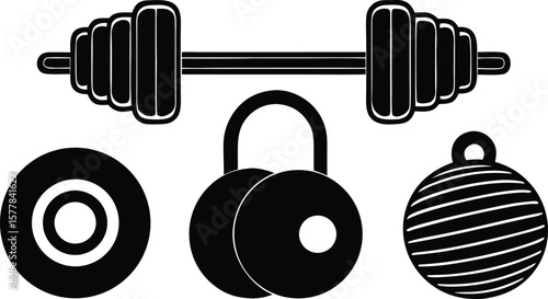 A collection of fitness equipment including dumbbells, weights, and a kettlebell