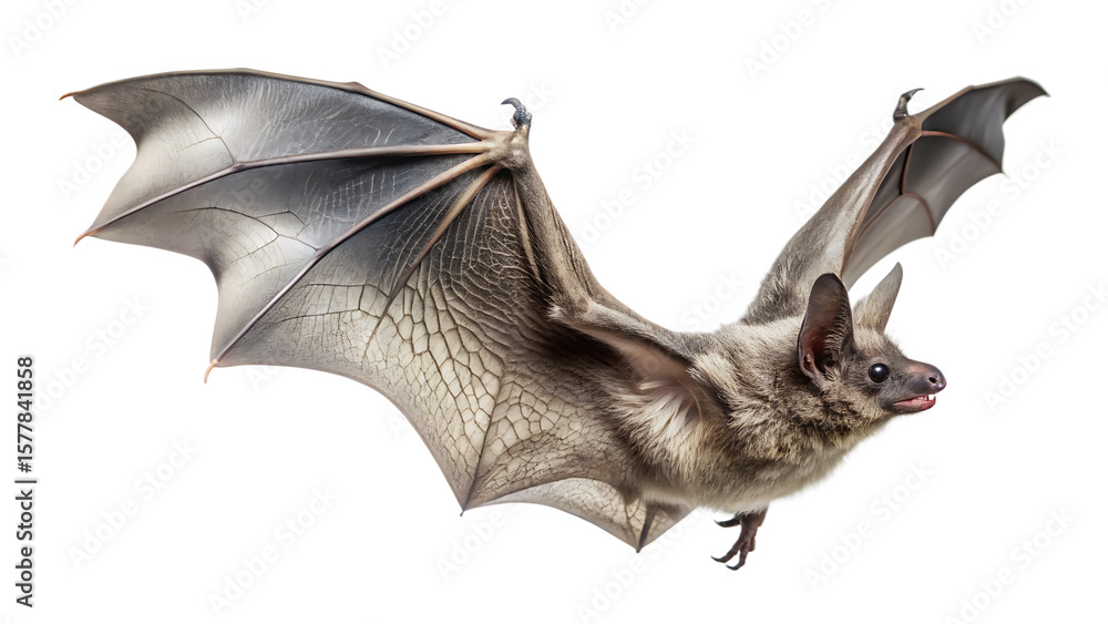 Obraz premium High-resolution image of a bat in flight, detailed wing texture, dark background, nocturnal wildlife, animal portrait.
