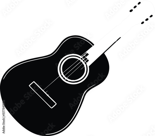 Black silhouette of an acoustic guitar, isolated on white background