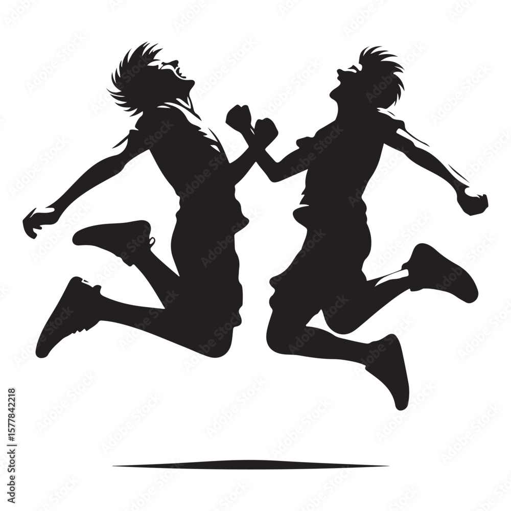 Obraz premium Silhouette icon of two people jumping in air with hands raised joyful celebration of friendship