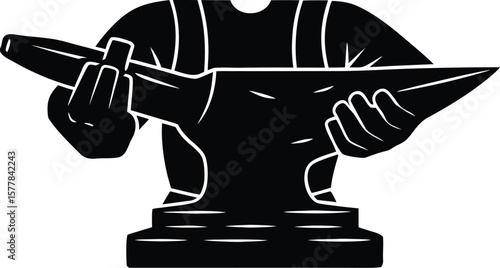 Blacksmith silhouette holding a hammer against an anvil