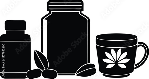 Black silhouette of supplement bottles, capsules, and a mug with a leaf design