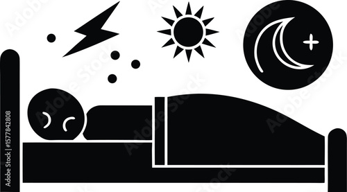 Person sleeping in bed with symbols of day, night, and disruption