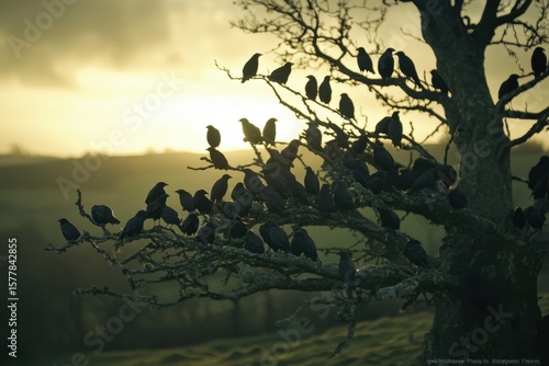 Pidgins gather on bare tree branches during sunset in a tranquil landscape, Tracking Shot of Pidgins Gathering In Bare Tree