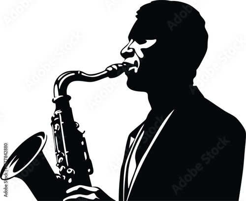 A man in a suit plays the saxophone, depicted as a black silhouette on white