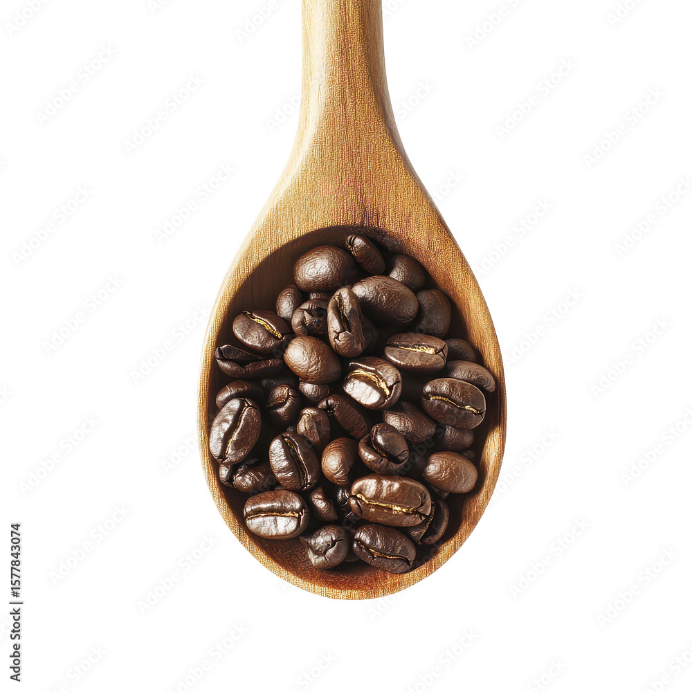 Obraz premium coffee beans with wooden spoon, close-up of coffee beans scattered around a wooden spoon, isolated on transparent background