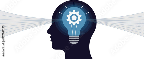 Human head outline with lightbulb and gear inside, lines emanating from the head on a light background