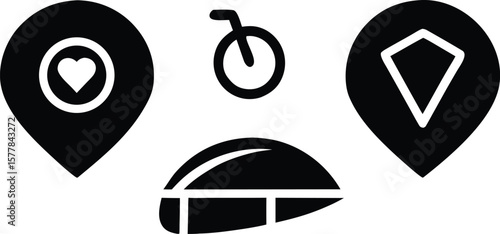 A collection of black and white icons representing location, love, cycling, and safety