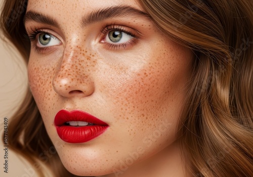 Wallpaper Mural Freckles Beauty Red Lips - Close-up of a woman with freckles and red lipstick, showcasing her natural beauty Torontodigital.ca
