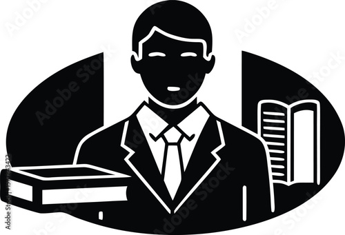 A man in a suit and tie holds a book, with another book in the background