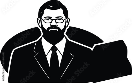 A man with a beard and glasses in a suit holds a book, symbolizing learning