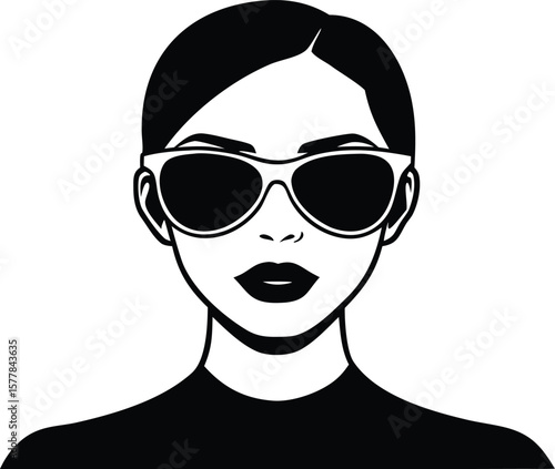 A stylish woman wearing sunglasses and makeup, looking forward