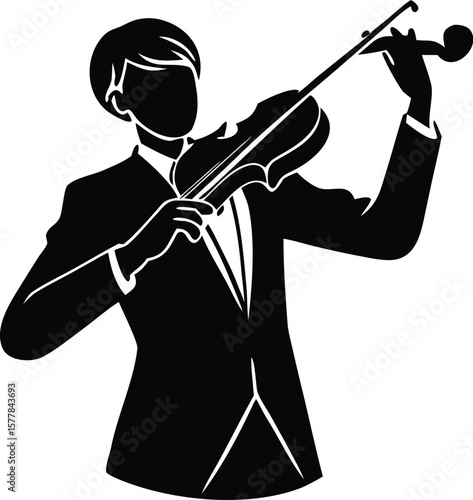 A man in a suit plays the violin with a bow