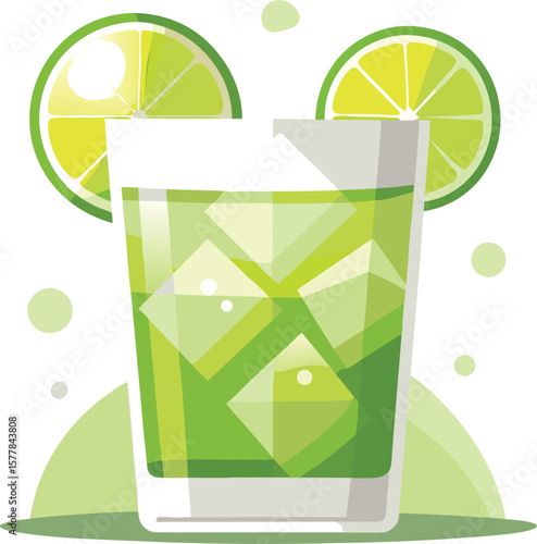 Cold Pressed Wellness Drinks Refreshing Green Lime Cocktail with Ice Cubes in a Glass, Perfect Summer Drink,  Vibrant Citrus Garnish,  Flat Lay Illustration