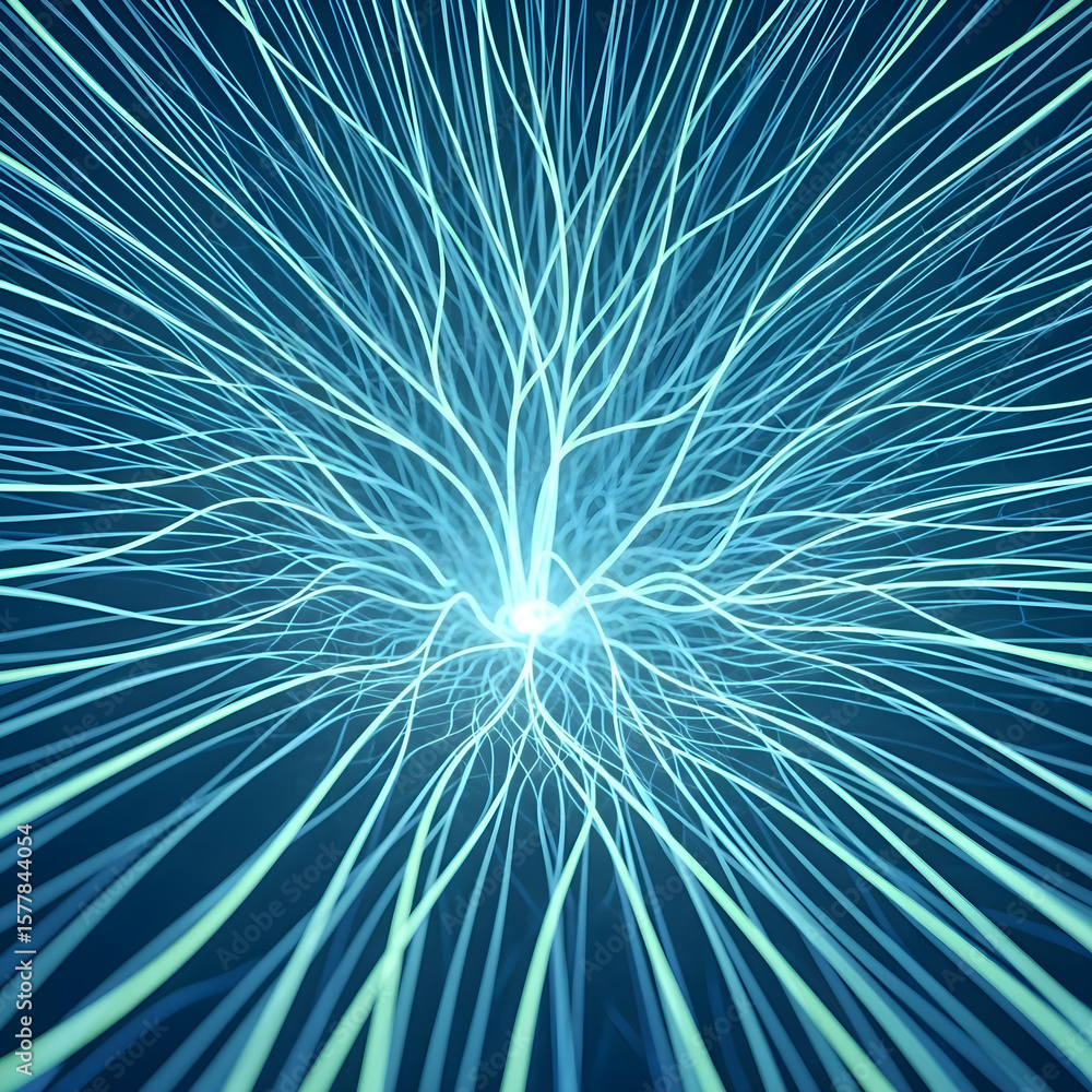 Naklejka premium Abstract Organic Neural Network of Luminous Blue-Green Lines Representing Data Flow