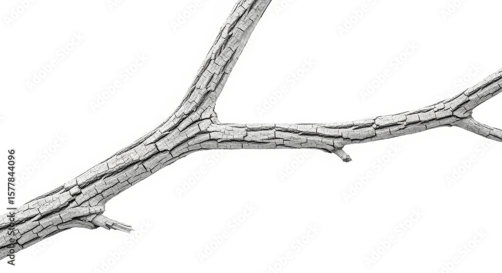 Obraz premium Isolated Weathered Branch on White - A single, weathered tree branch isolated on a white background. Symbolising nature, fragility, time, growth, and resilience