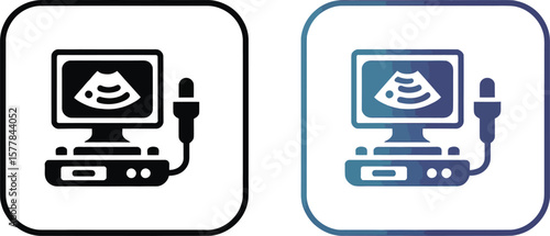 Two icons of ultrasound machines one in black and one in blue on a white background with rounded borders