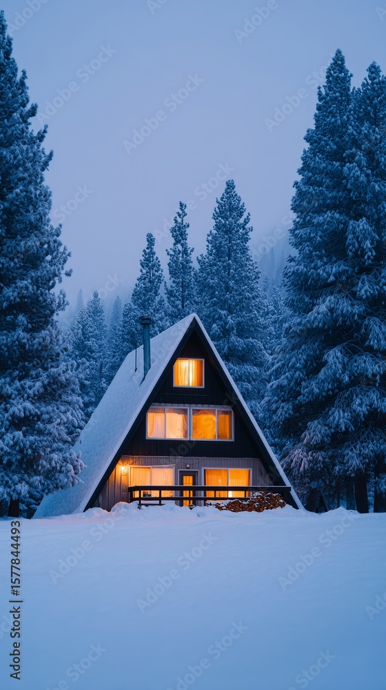 Fototapeta premium A-Frame Mountain Cottage with Glowing Windows in Snowy Pines at Twilight