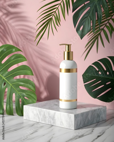 Minimalist Skincare Bottle Mockup on Marble with Tropical Leaves, Pink Background, 3D Rendering, E-commerce Product Presentation