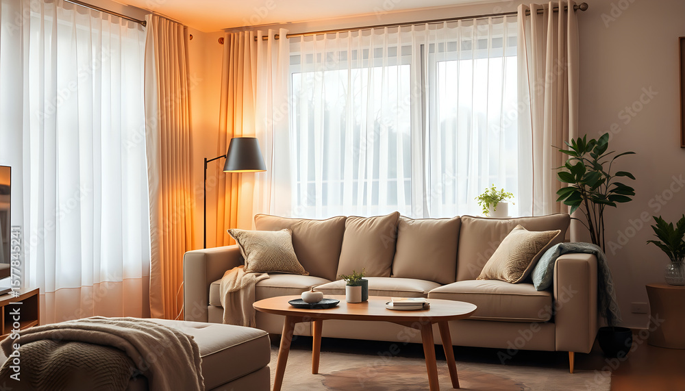 Fototapeta premium Cozy living room with a sofa bathed in warm, diffused natural light.