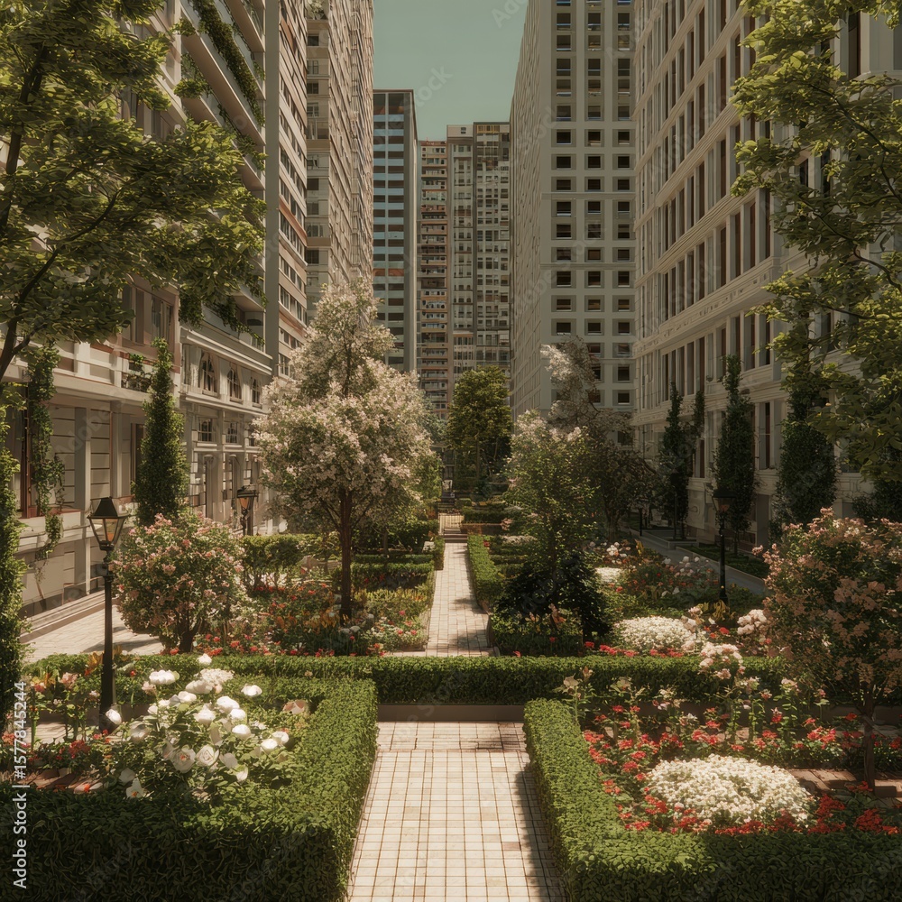 Obraz premium A tranquil garden surrounded by city life, ideal for relaxation.