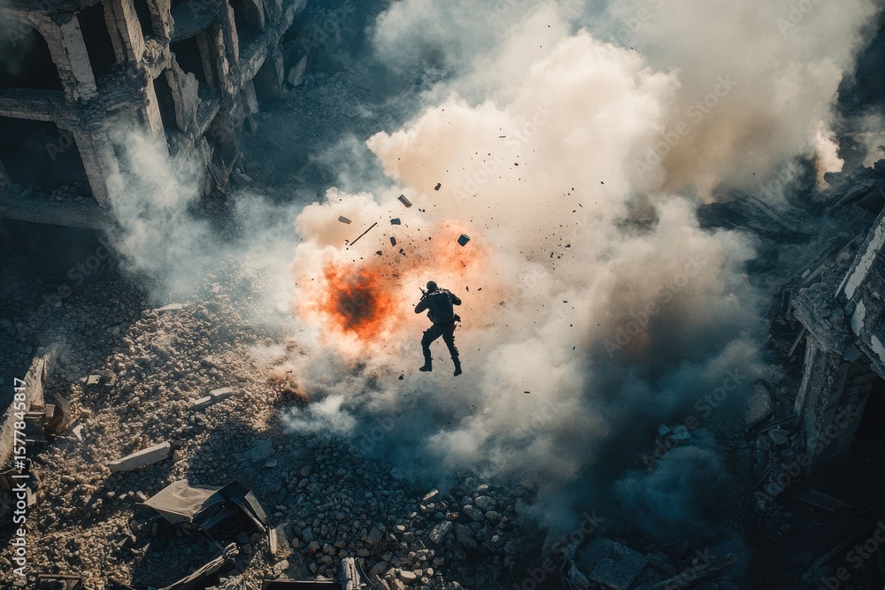 Fototapeta premium Gunman engages in action amidst ruins with dramatic explosion from an aerial drone perspective, Gunman shooting on ruins and exploding - epic drone shot