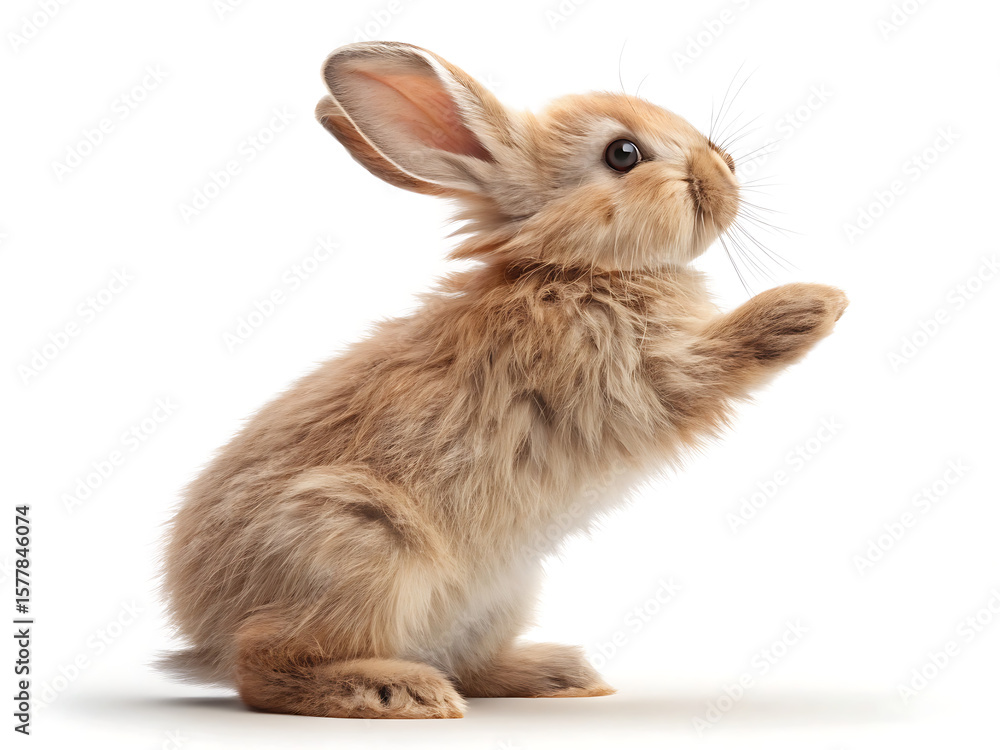 Obraz premium A fluffy brown bunny standing on its hind legs with one paw raised against a white background studio shot