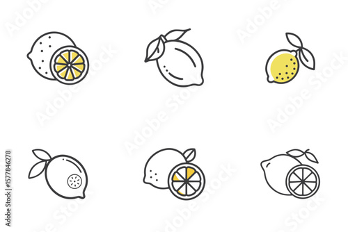 Lemon icon set for organic food blogs, summer drinks, nutrition infographics, citrus-themed designs, culinary packaging, and health presentations