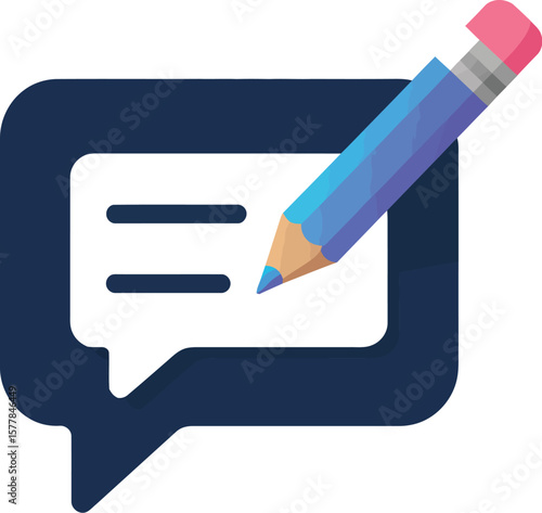 A blue pencil rests on a dark blue speech bubble with two horizontal lines on a light gray background