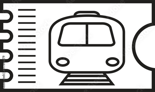 Train ticket icon in black with reverse white train graphic for public transportation booking or subway ticket with transparent background