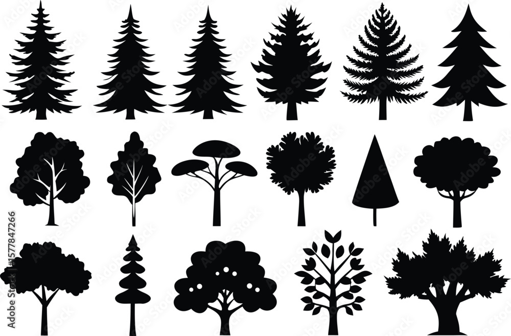 Fototapeta premium Black Silhouette Tree Icons A Collection of Diverse Tree Designs