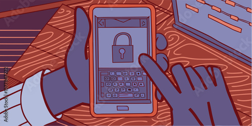 Hands holding phone with lock screen security technology