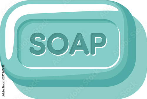 A cartoon illustration of a bar of soap with bubbles around it on a light blue background color wash