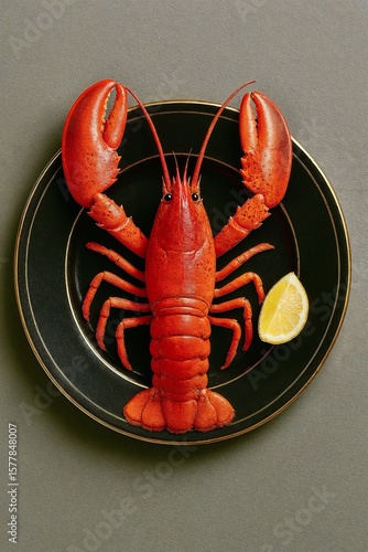 Boiled lobster served on a black plate with gold rim and a lemon wedge. High-end seafood dish presentation.