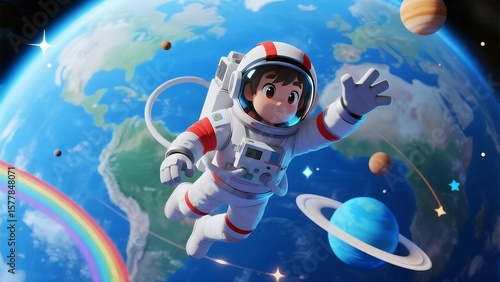 Cartoon Astronaut Exploring Space with Earth Planets and Rainbow Depicting a Child s Dream of Cosmic Adventure and
